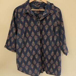 Roaman's Womens 20W Navy Blue Boho Paisley Button Up Shirt Plus Size 3/4 Sleeve